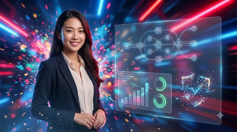 Minh họa tổng quan về một trung tâm giải trí kỹ thuật số tương lai với các cổng trò chơi phát sáng