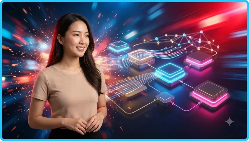 Minh họa tổng quan về một trung tâm giải trí kỹ thuật số tương lai với các cổng trò chơi phát sáng